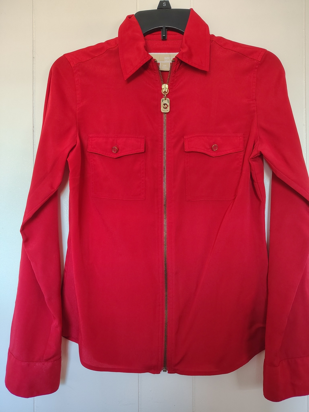 MICHAEL Michael Kors Red Zip Front Utility Blouse MK Logo Pull - Size XS